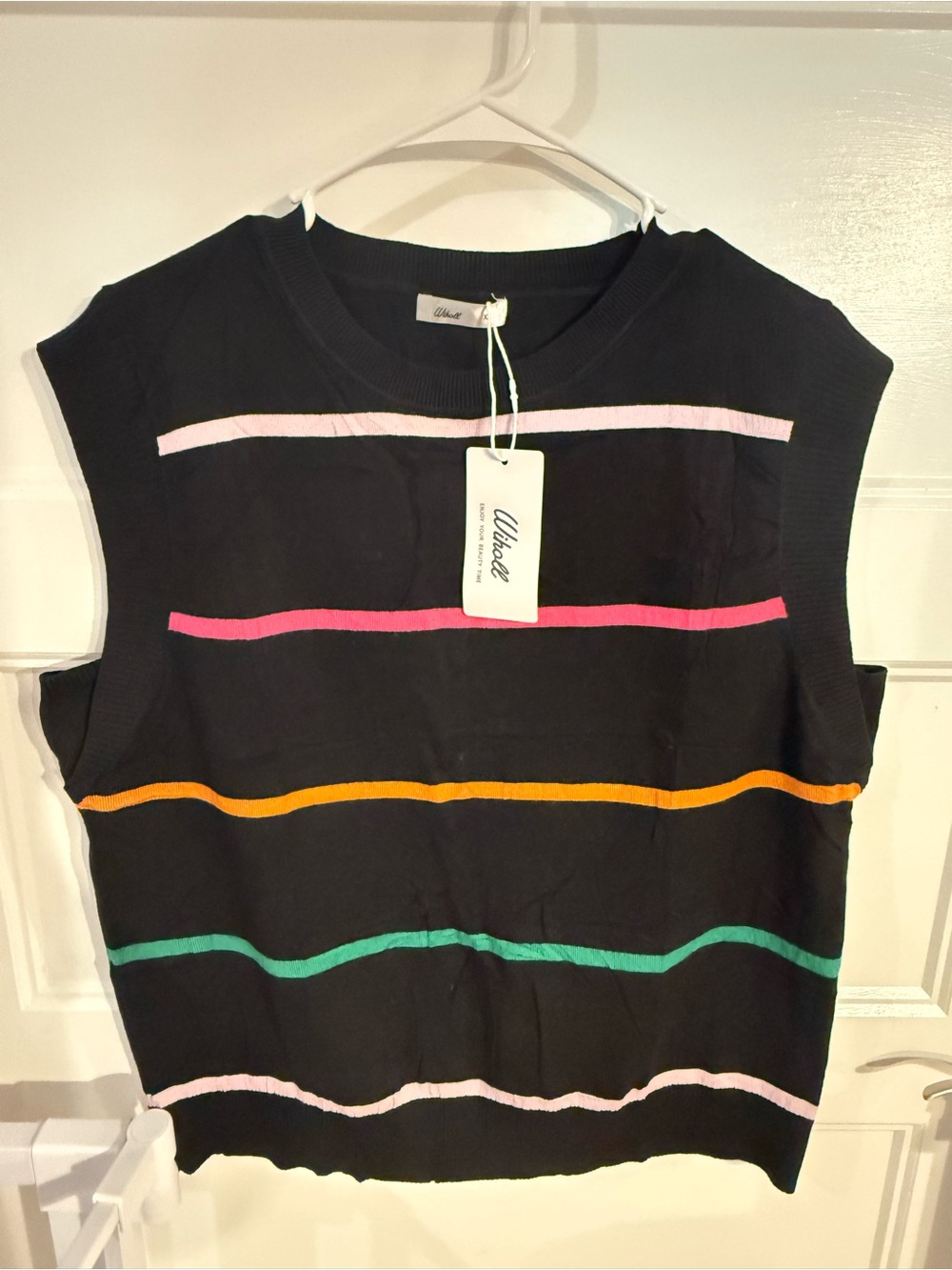 Ulla Johnson Black Sleeveless Knit Tank with Pink, Orange & Green Stripes